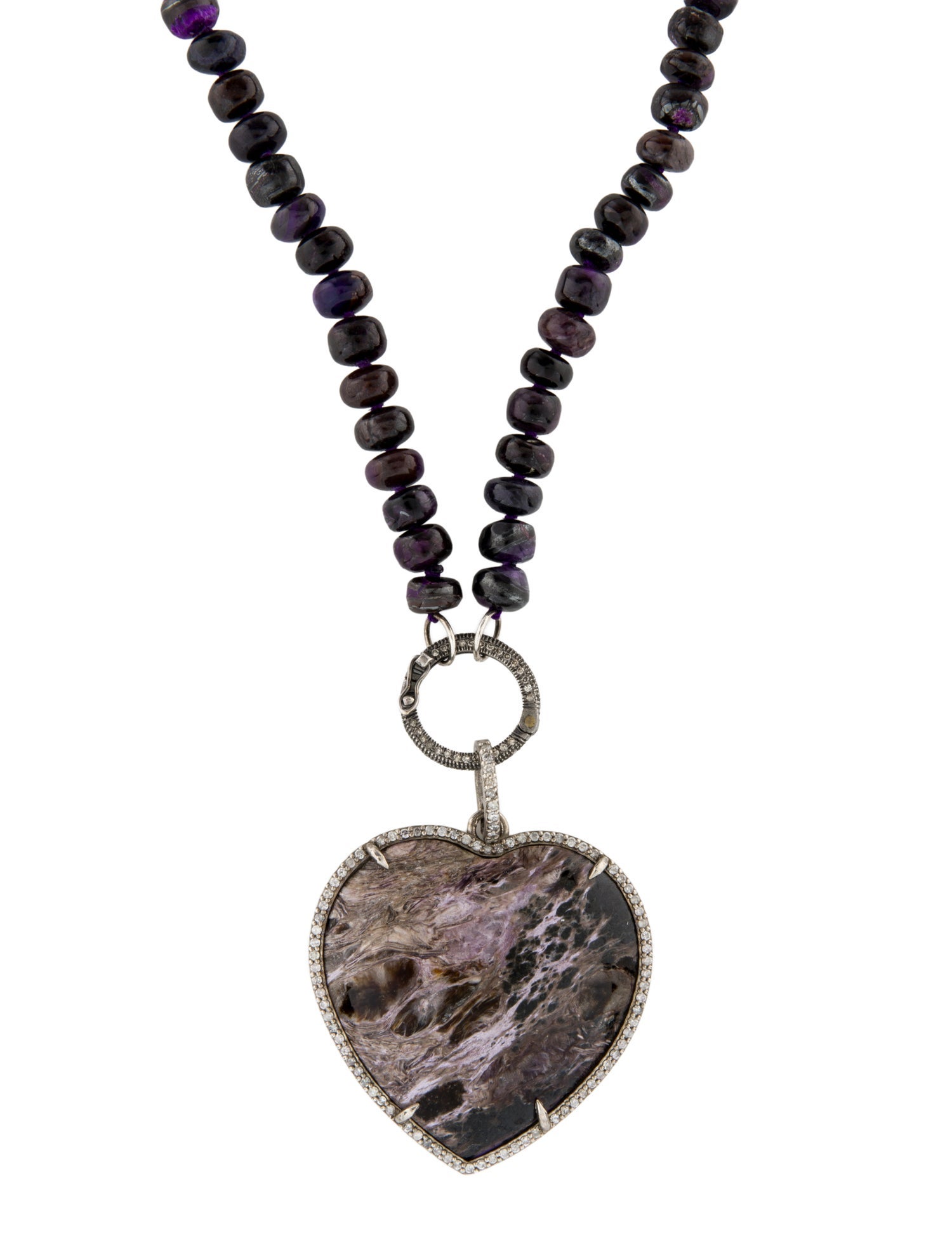 Sheryl Lowe Charoite Bead, Sugalite & Diamond Heart Pendant Necklace