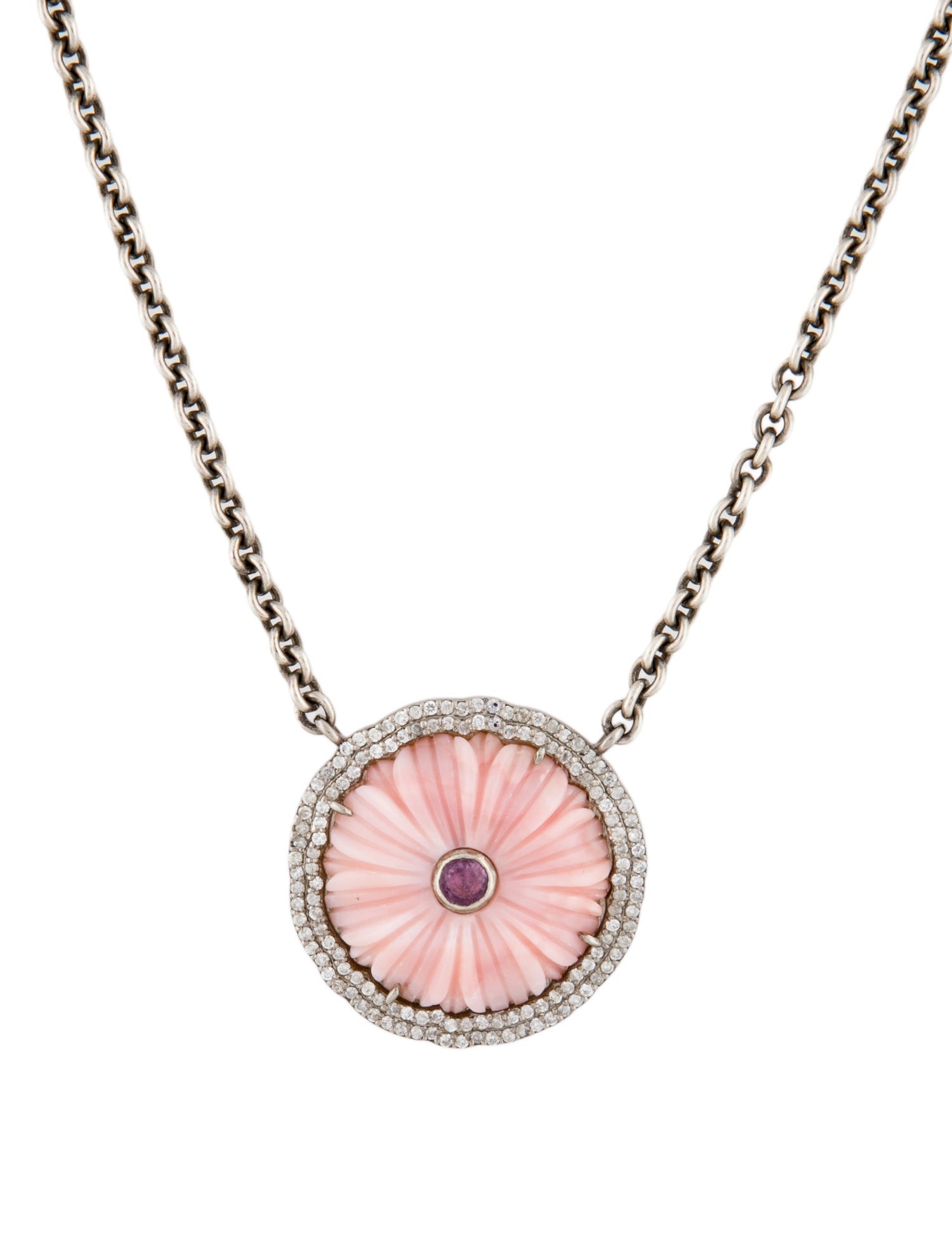 Sheryl Lowe Carved Opal Flower, Sapphire & Diamond Pendant Necklace