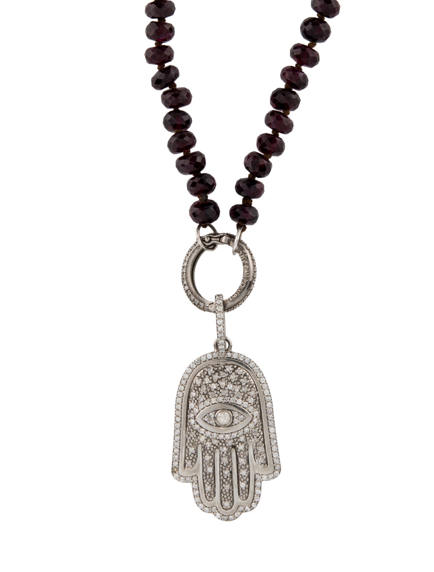 Sheryl Lowe Rhodolite Bead & Diamond Hamsa Pendant Necklace