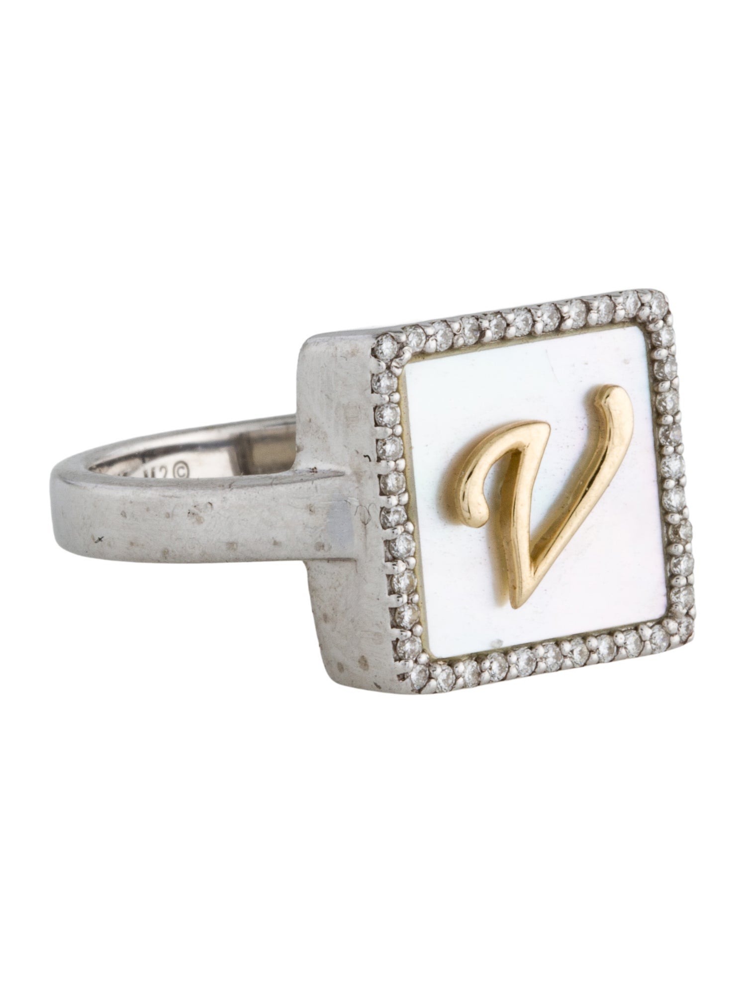 M2 by Mary Margrill Mother of Pearl & Diamond 'V' Initial Ring