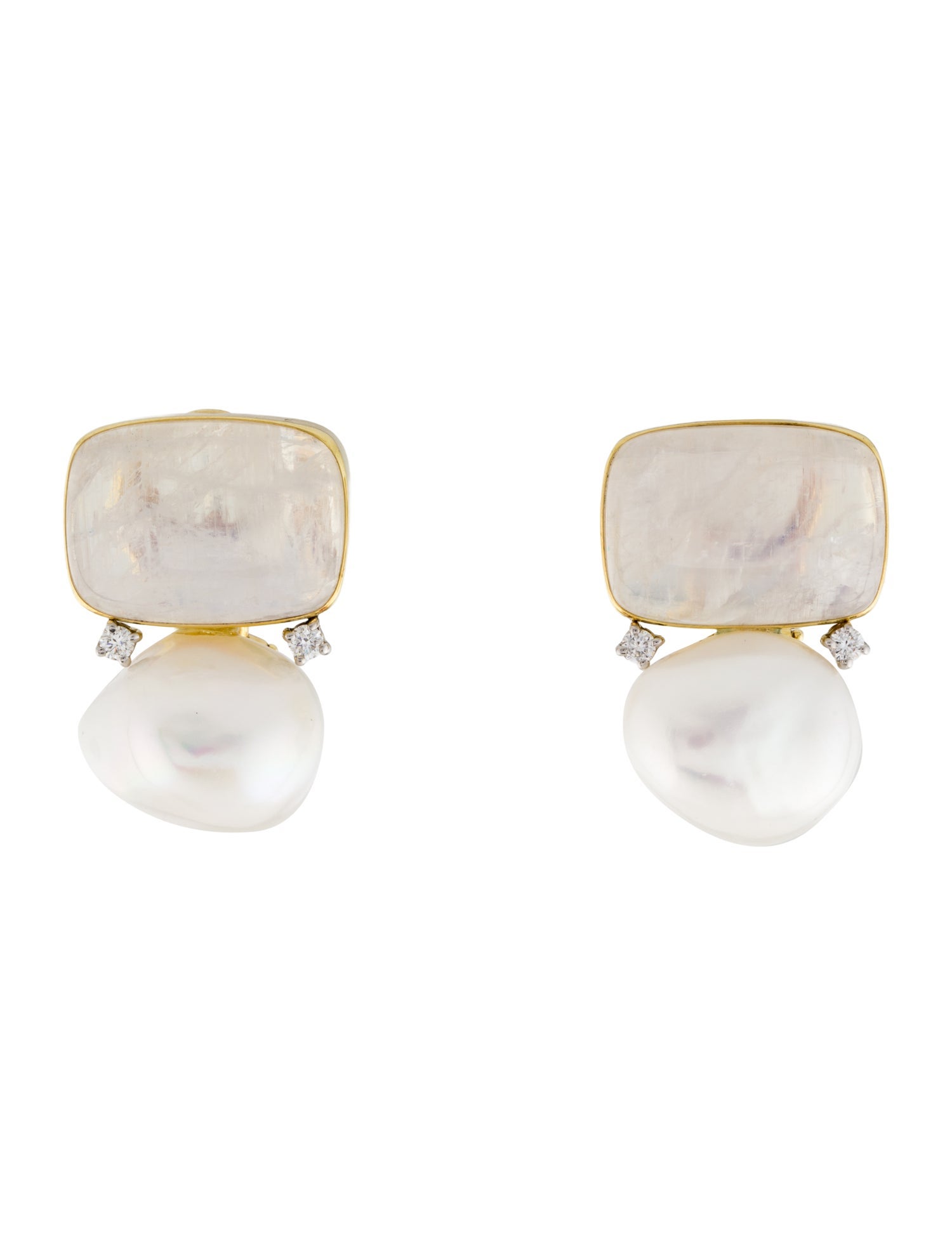 Maz 14K Pearl, 23.44ctw Moonstone & Diamond Earclips