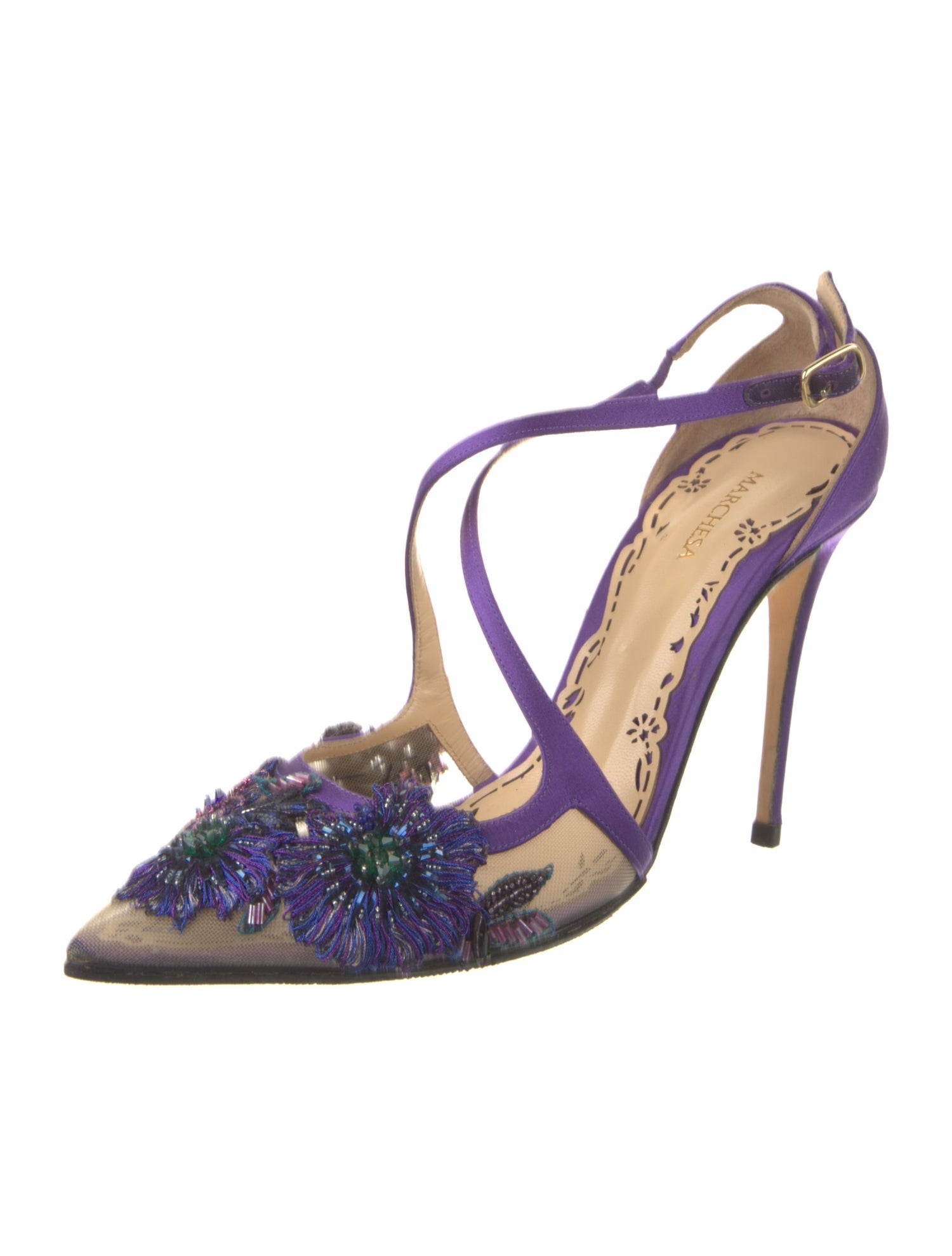 Marchesa Mesh Floral Print T-Strap Pumps
