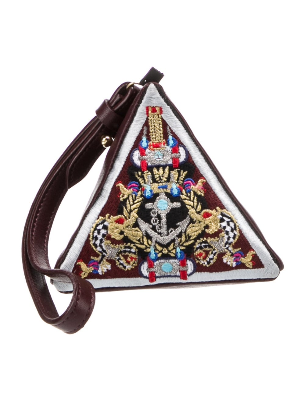 Mary Katrantzou Minaudière Purple Leather Graphic Print Gold-Tone Hardware Wrist Strap Embroidered Accent Canvas Lining