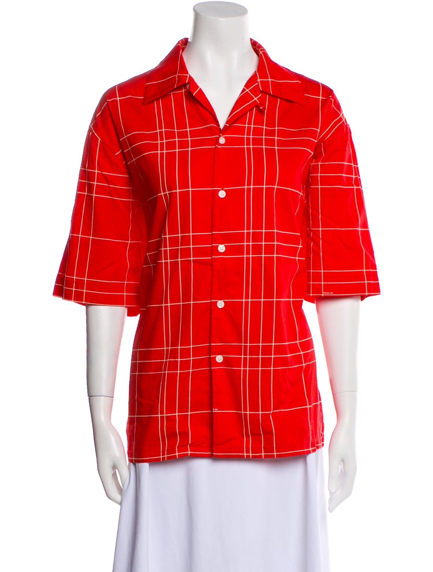 Marni Plaid Print Three-Quarter Sleeve Button-Up Top