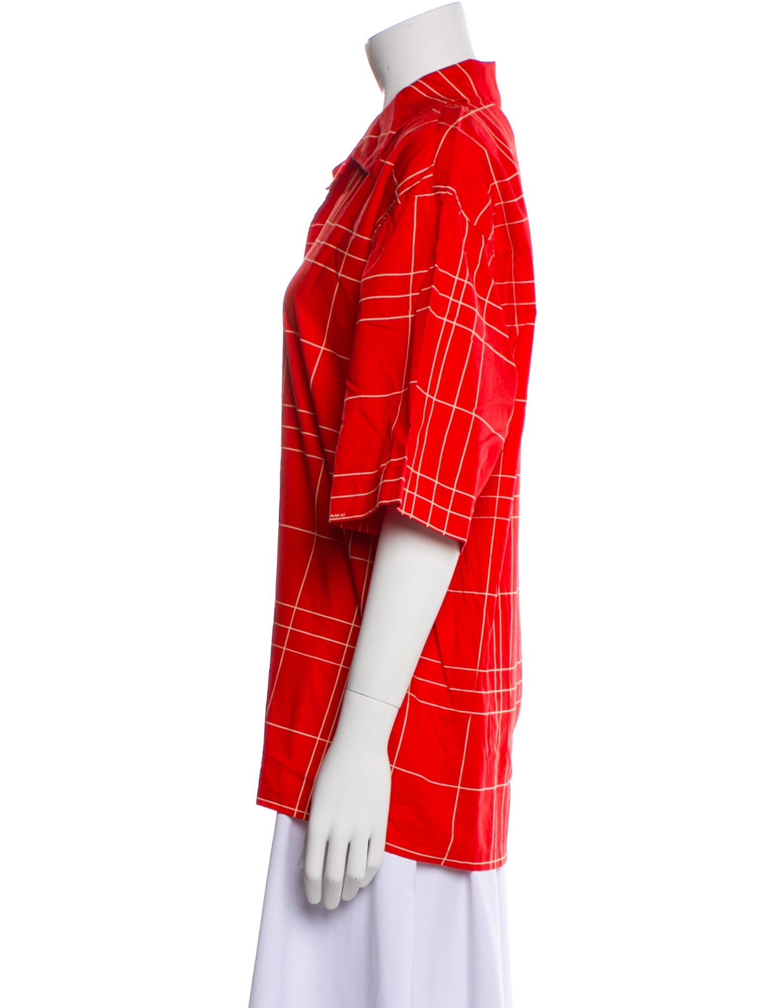 Marni Plaid Print Three-Quarter Sleeve Button-Up Top