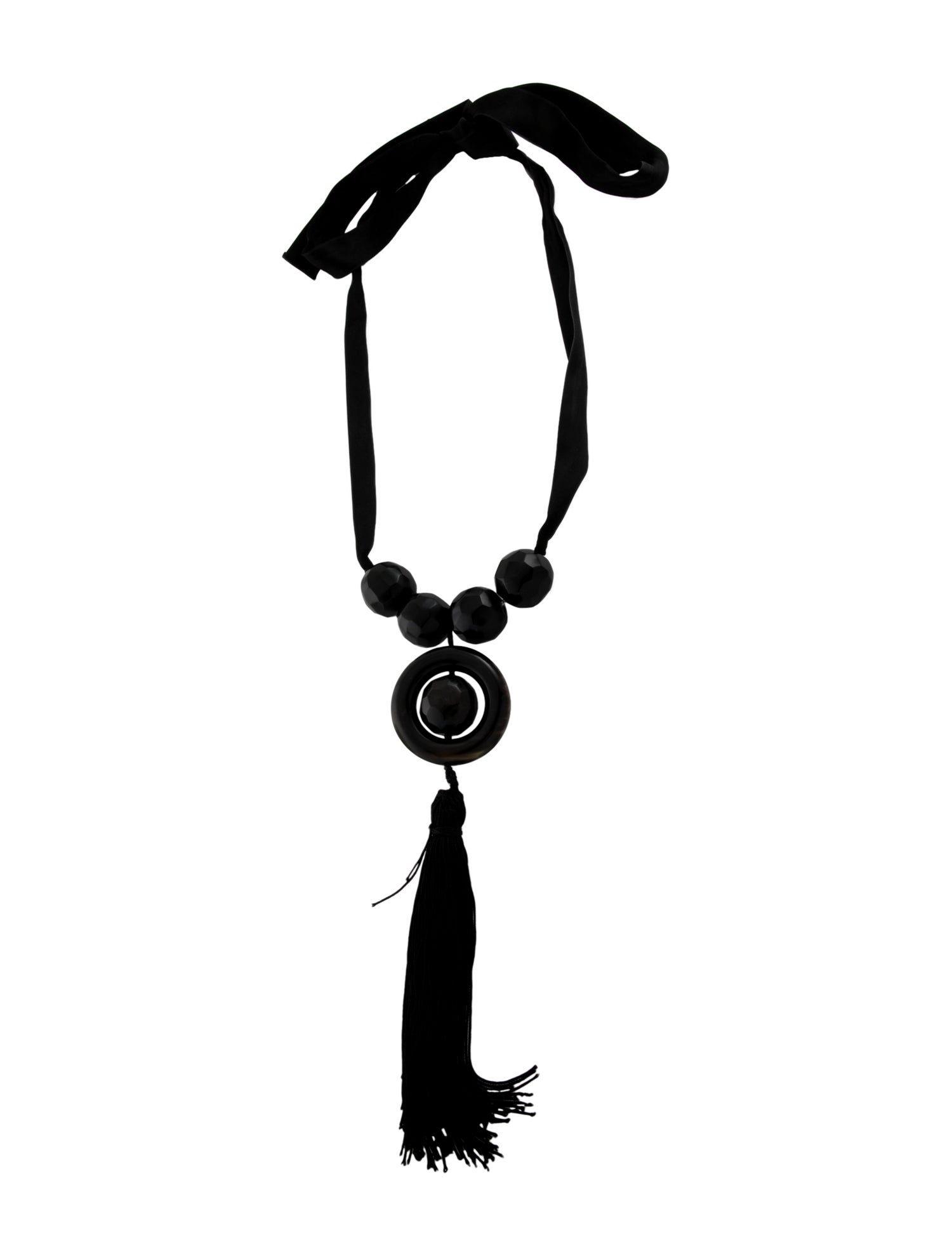 Marni Horn, Wood, Ribbon & Cord Tassel Collar Necklace