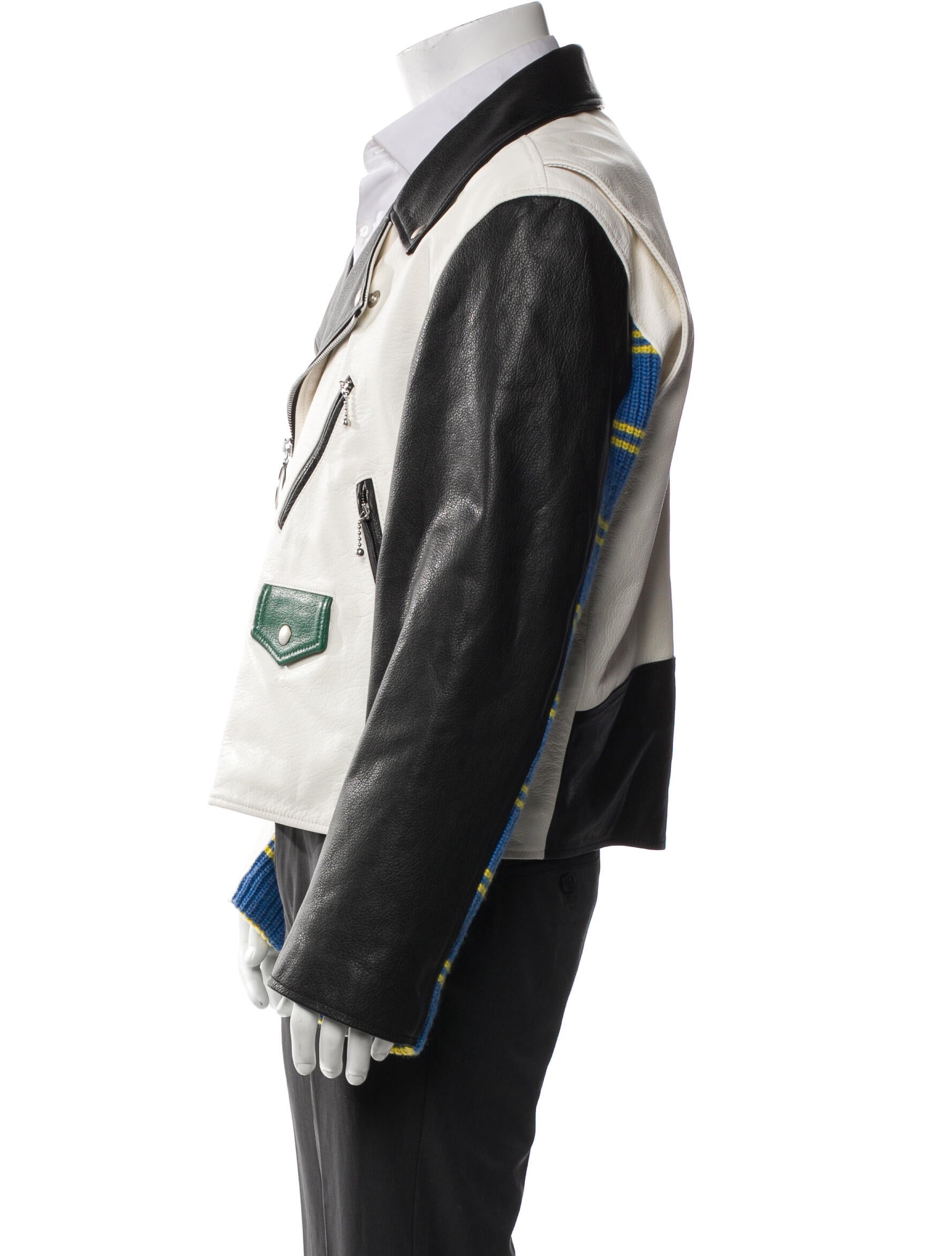 Marni Calf Leather Colorblock Pattern Moto Jacket