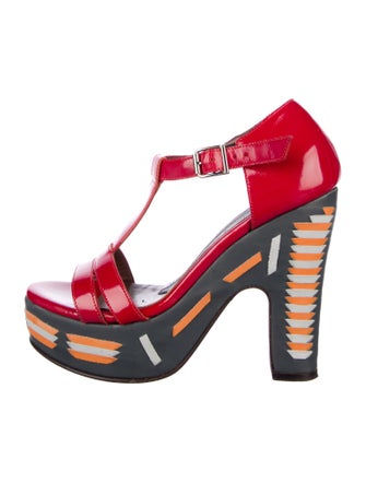 Marni Patent Leather Colorblock Pattern T-Strap Sandals