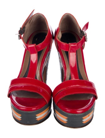 Marni Patent Leather Colorblock Pattern T-Strap Sandals