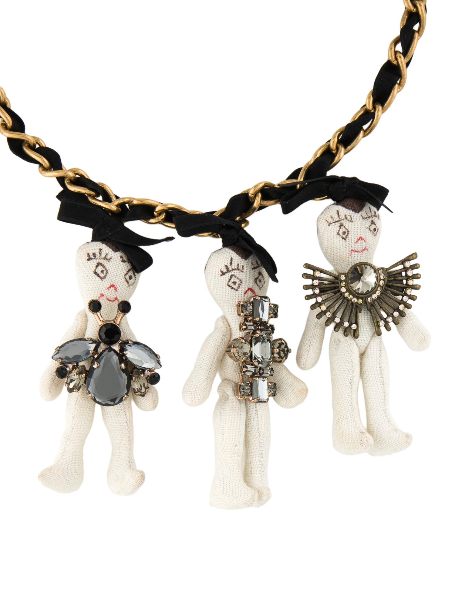 Marni Crystal & Fabric Three Doll Chain Necklace