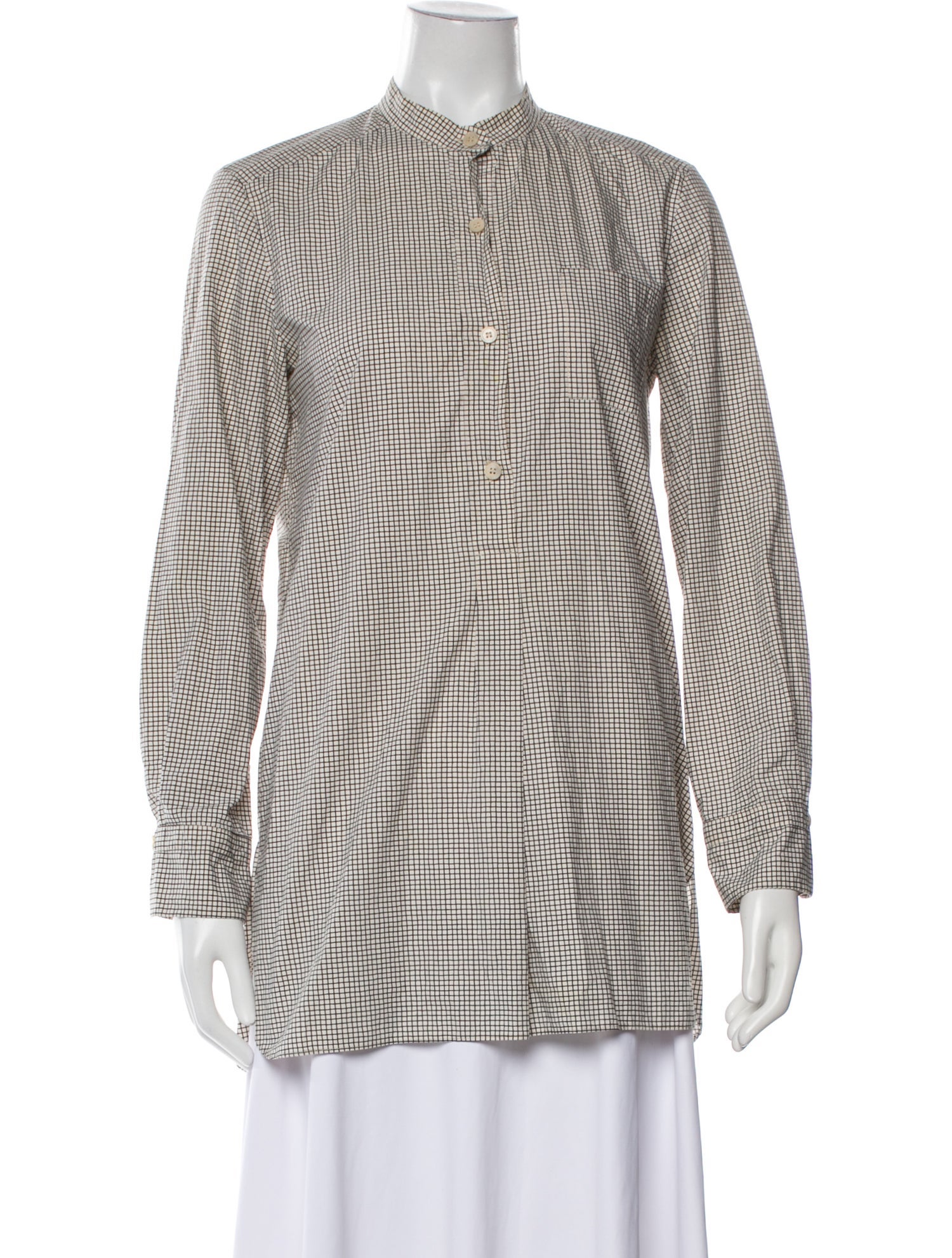 Marni Plaid Print Mock Neck Button-Up Top