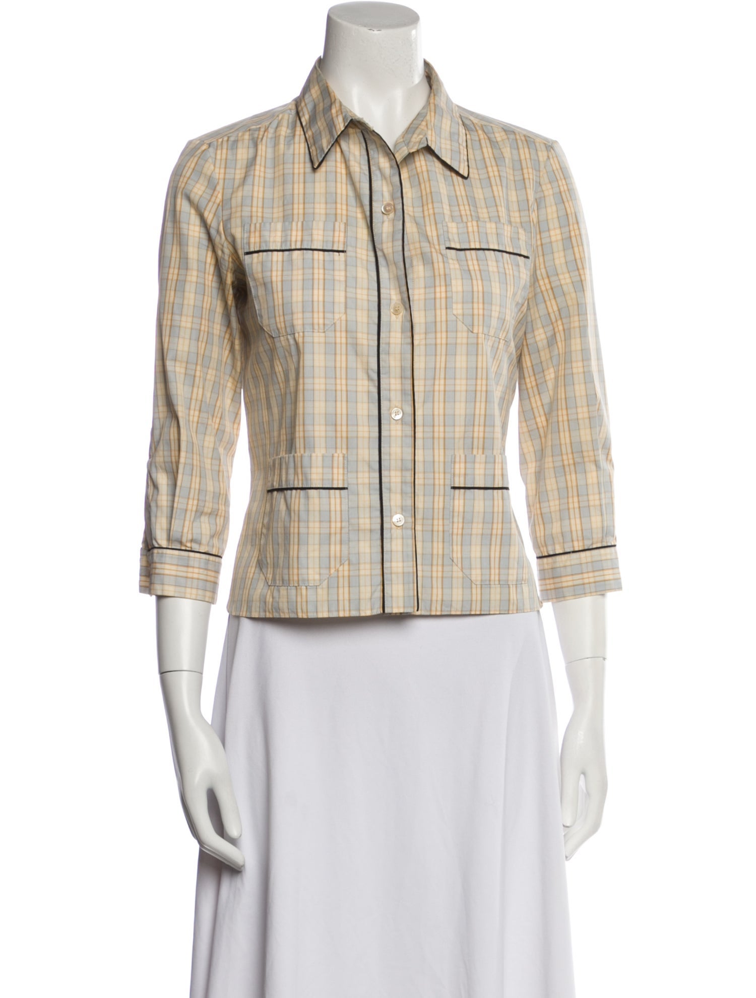 Marni Plaid Print Three-Quarter Sleeve Button-Up Top