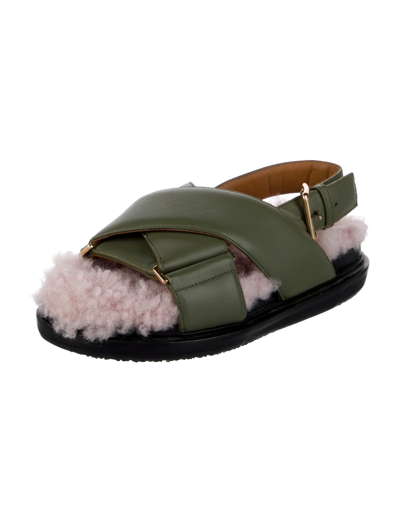Marni Leather Faux Fur Trim Slingback Sandals
