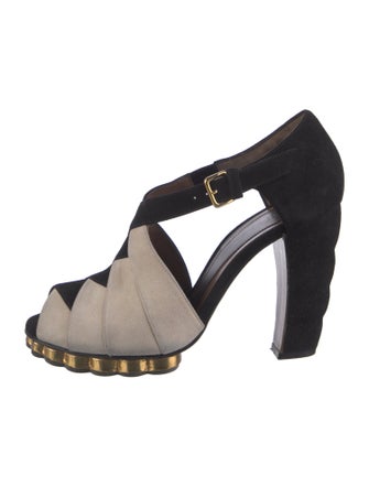 Marni Suede Colorblock Pattern T-Strap Pumps