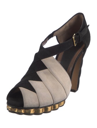 Marni Suede Colorblock Pattern T-Strap Pumps