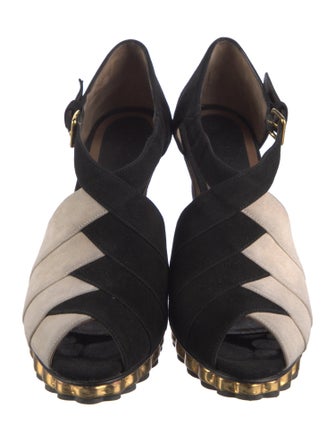 Marni Suede Colorblock Pattern T-Strap Pumps
