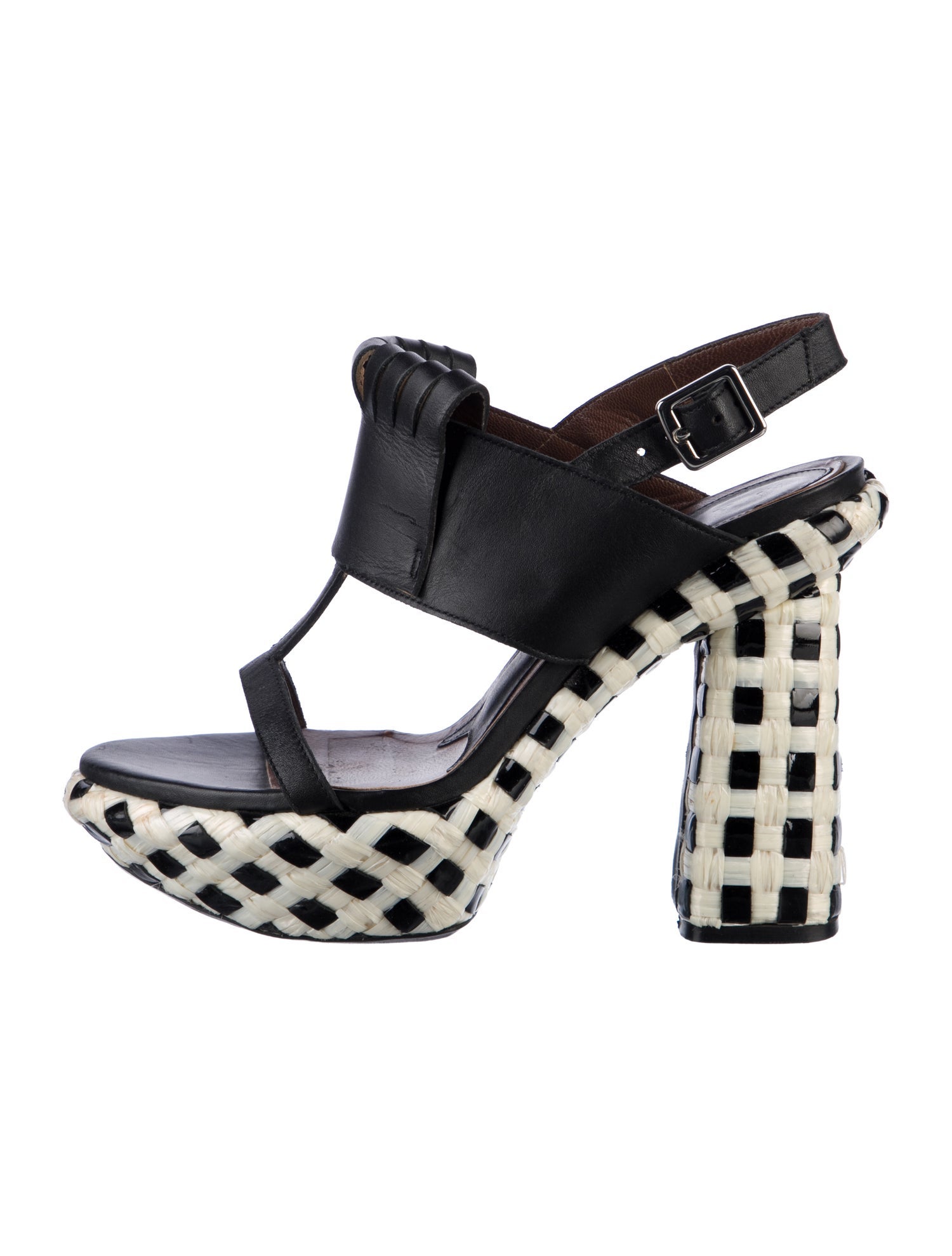 Marni Leather Plaid Print T-Strap Sandals