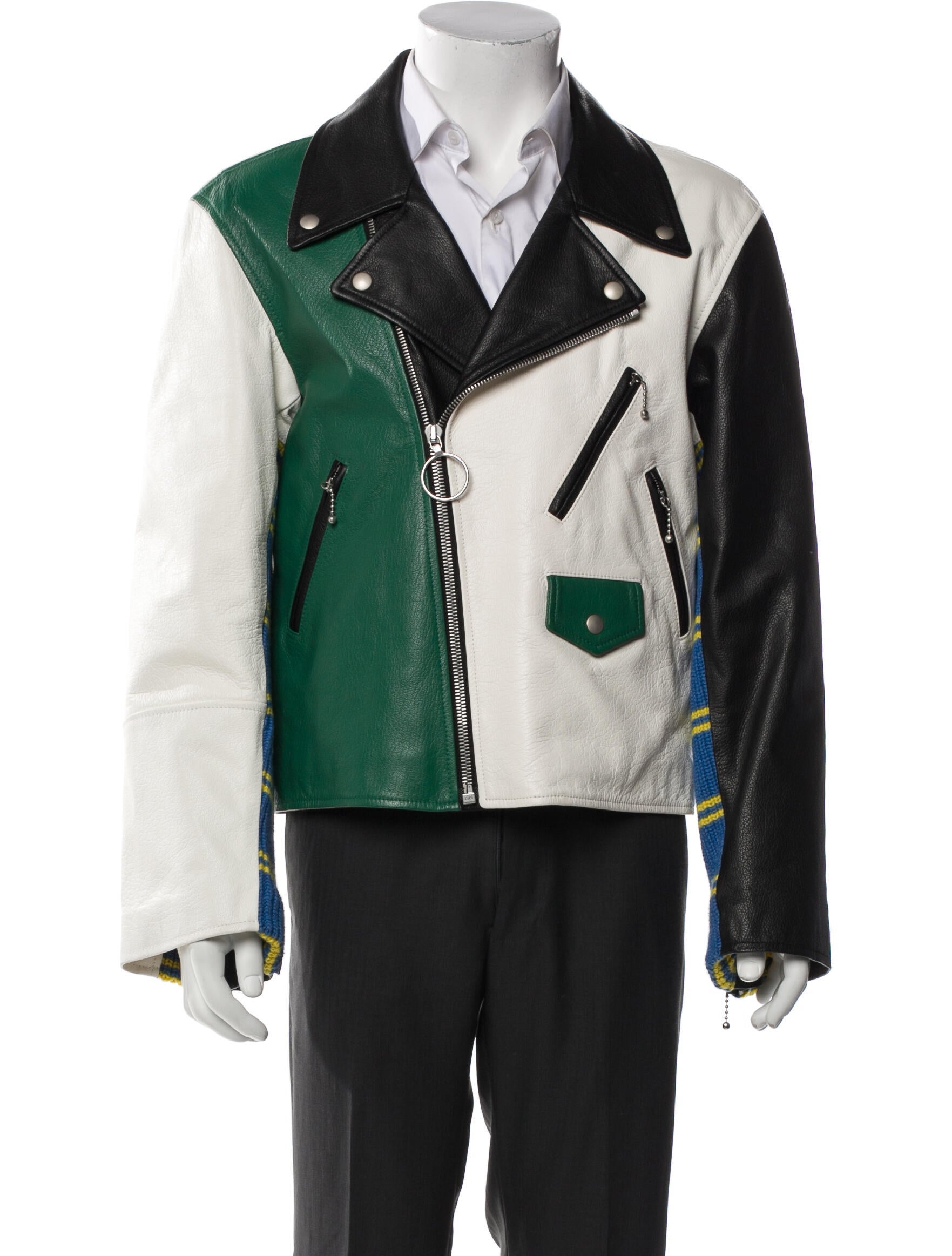 Marni Calf Leather Colorblock Pattern Moto Jacket