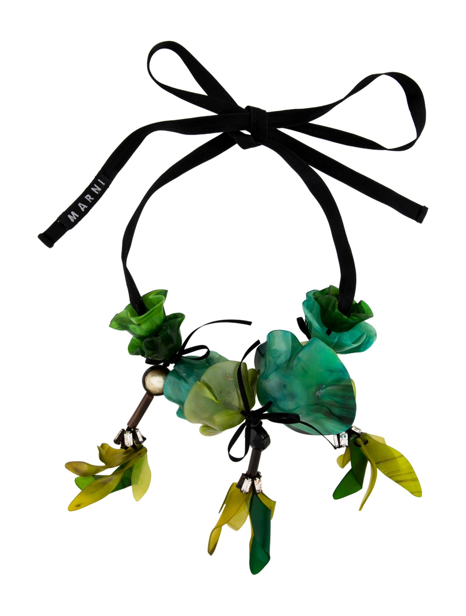 Marni Horn,Resin,Crystal & Ribbon Flower Collar Necklace
