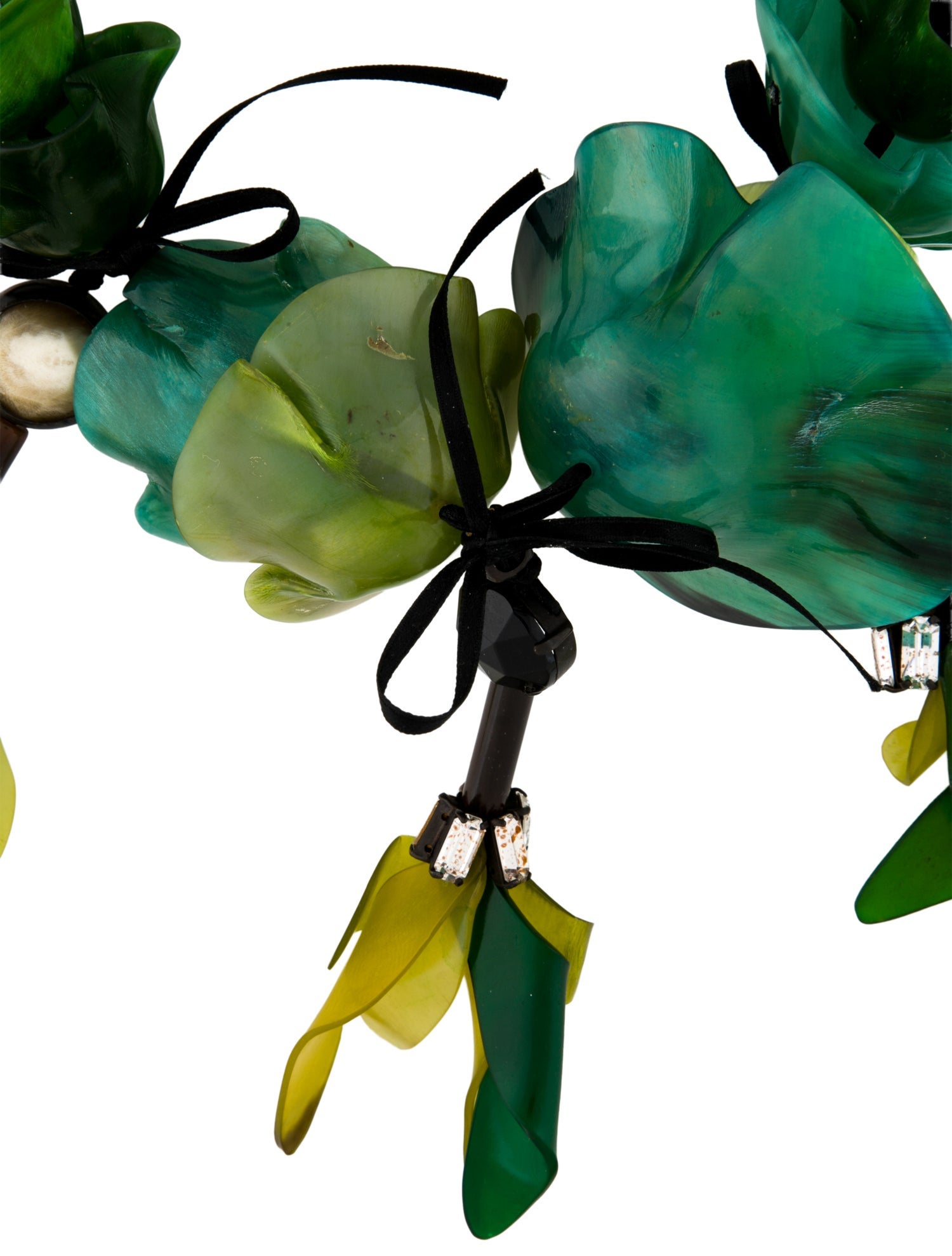 Marni Horn,Resin,Crystal & Ribbon Flower Collar Necklace