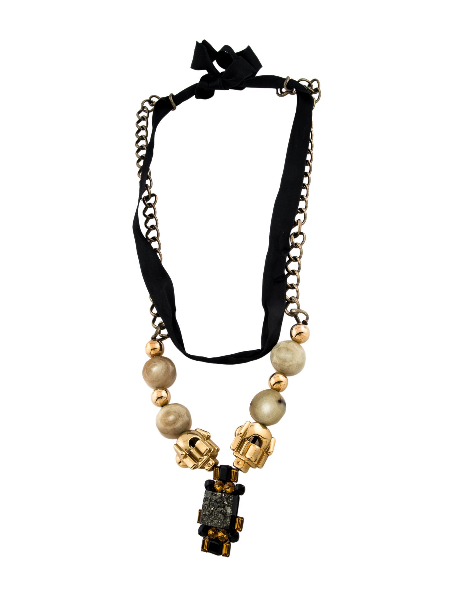 Marni Horn, Metallic Stone, Ribbon & Crystal Chain Necklace