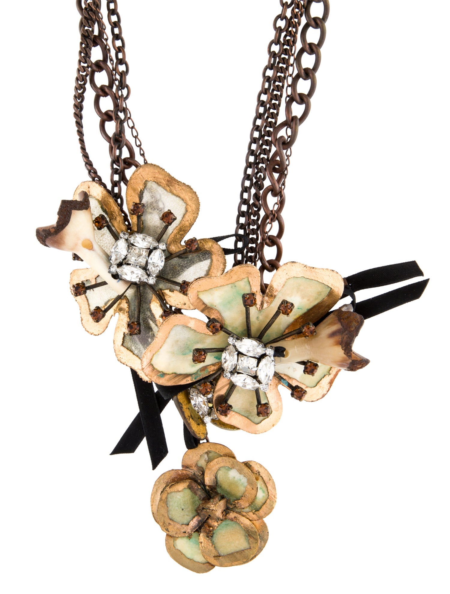 Marni Horn & Crystal Flower Pendant Multistrand Necklace