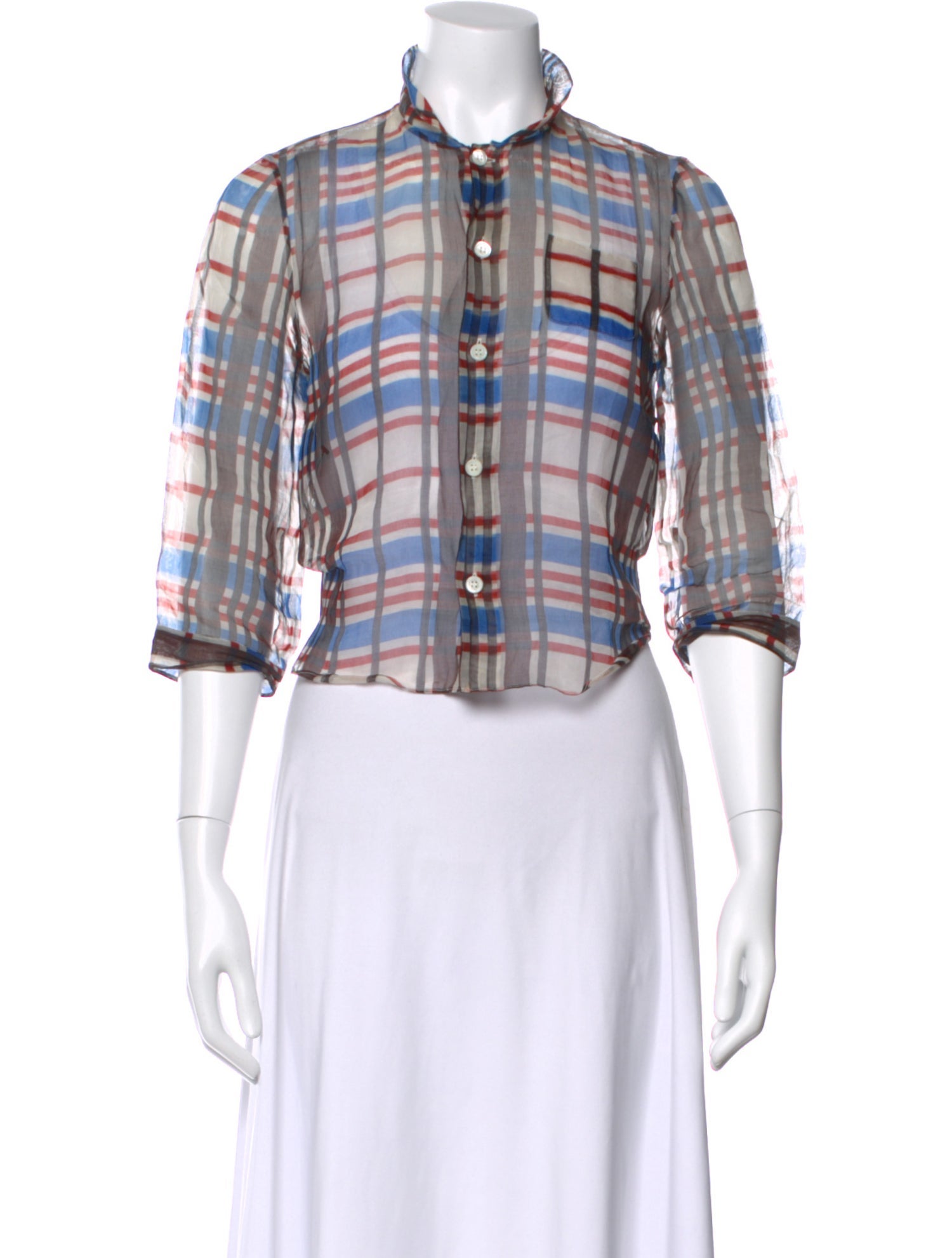 Marni Plaid Print Three-Quarter Sleeve Button-Up Top