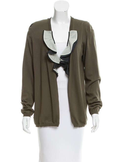 Marni Ruffle-Trimmed Long Sleeve Cardigan Olive
