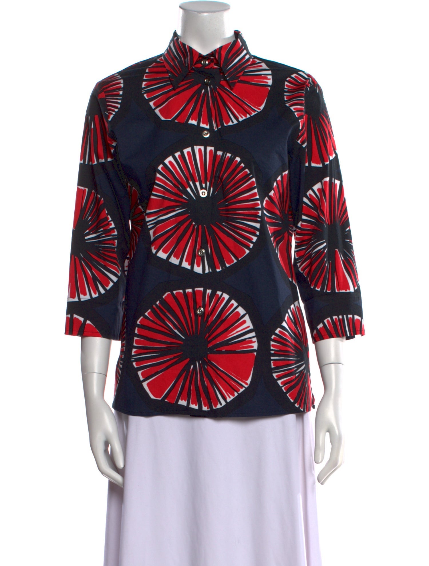 Marimekko Printed Mock Neck Button-Up Top