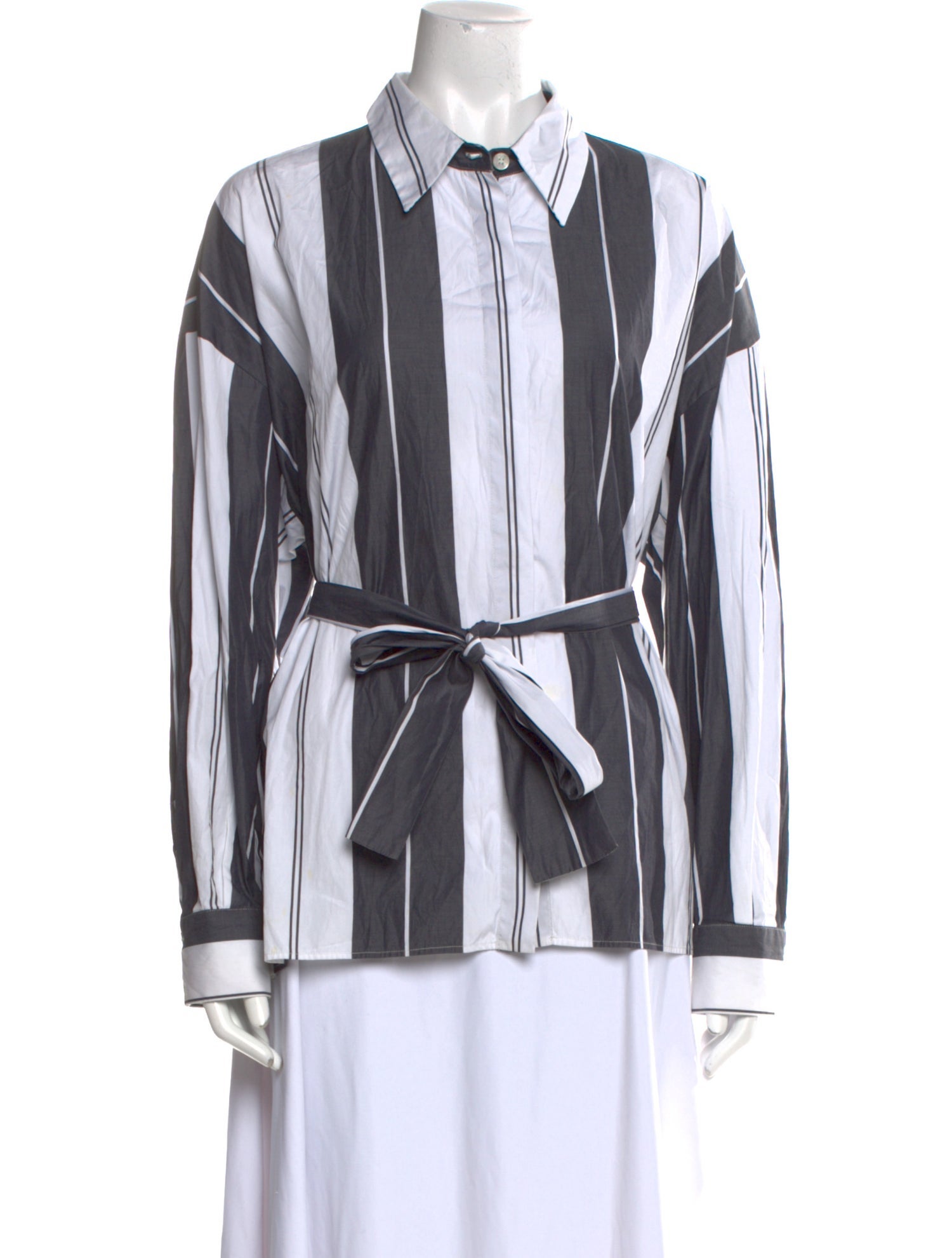 Marina Rinaldi Striped Long Sleeve Button-Up Top