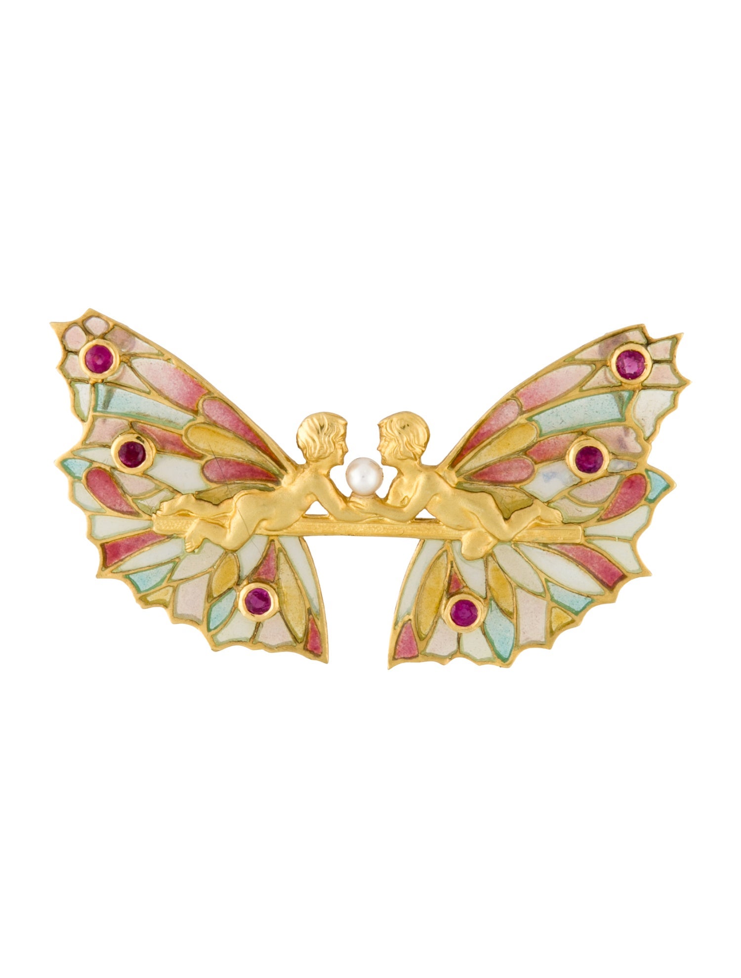 Masriera 18K Pearl, Ruby & Enamel 'Awakening' Fairy Pin Pendant Brooch