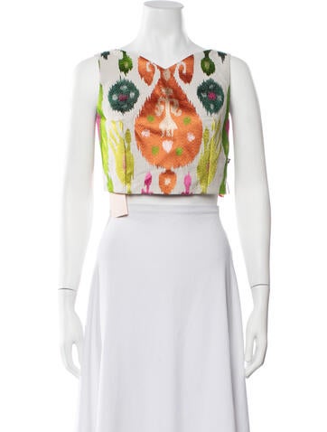 Pre-owned Marta Ferri Printed V-neck Crop Top In Yellow