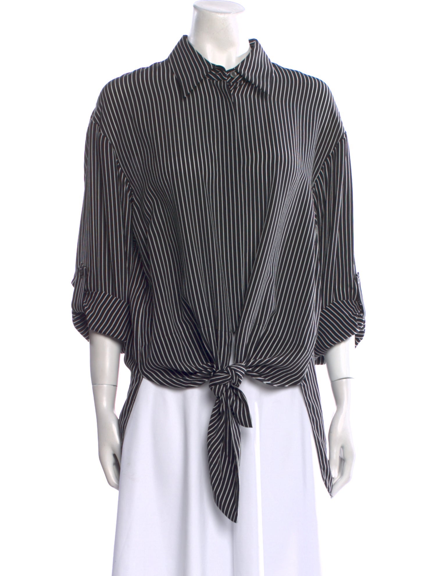Michael Kors Collection Striped Three-Quarter Sleeve Button-Up Top