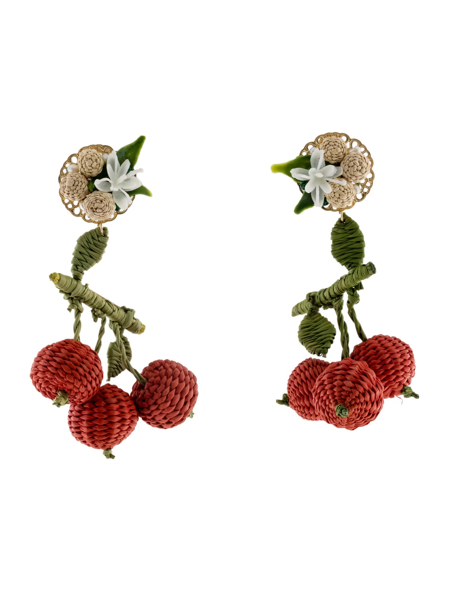Mercedes Salazar Pearl & Raffia Wild Cherries Drop Earrings