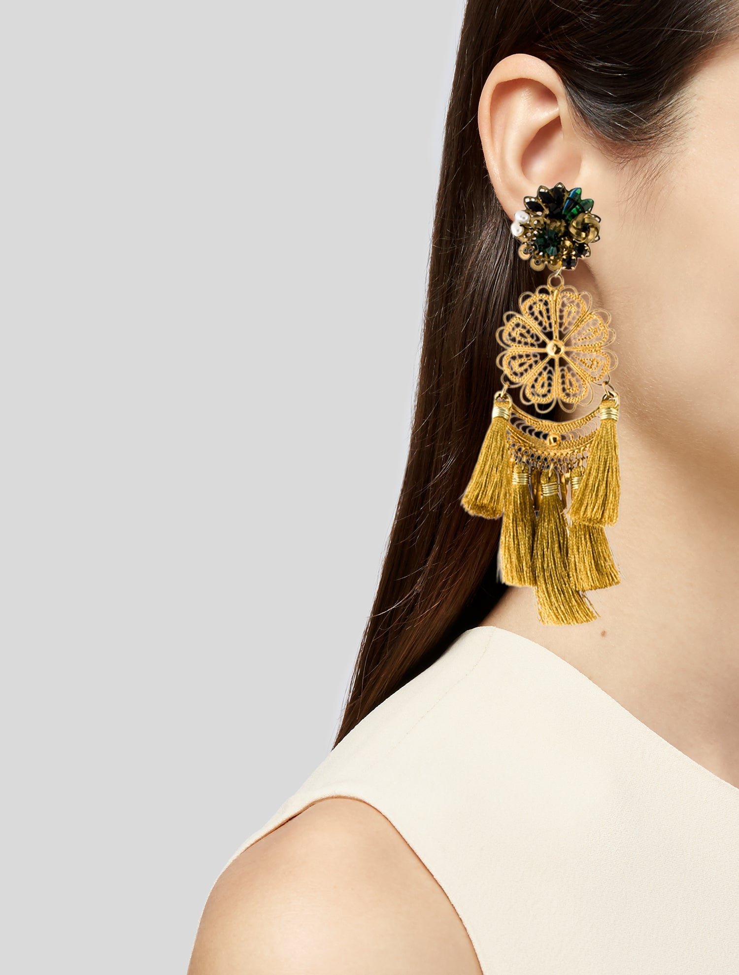 Mercedes Salazar Pearl, Crystal & Resin Tassel Clip-On Drop Earrings