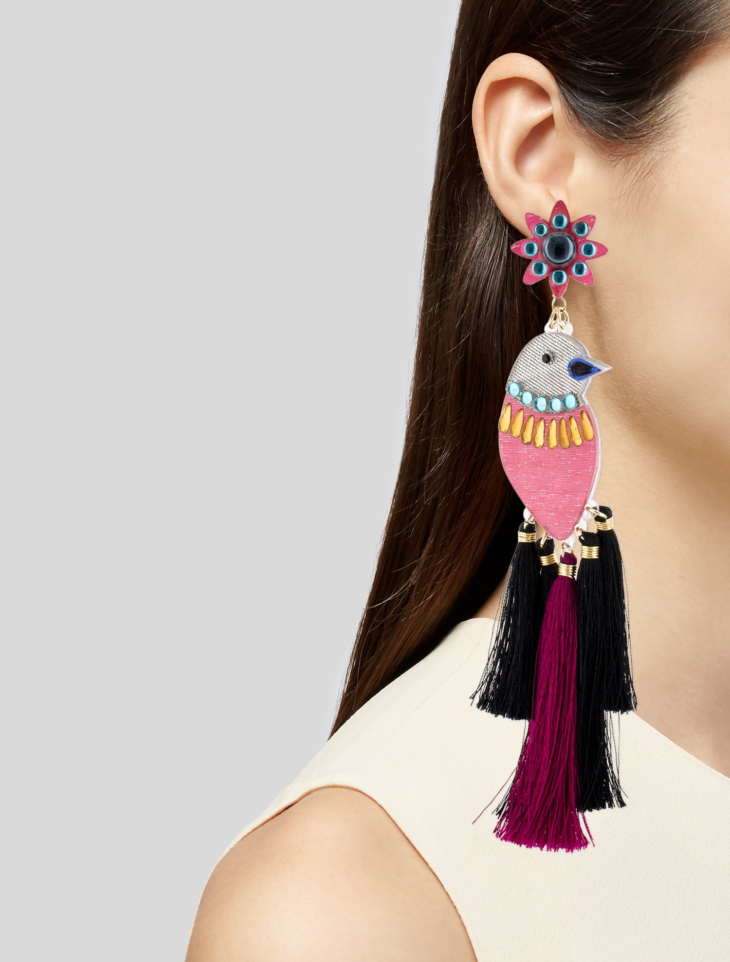 Mercedes Salazar Resin & Crystal Bird Tassel Earrings