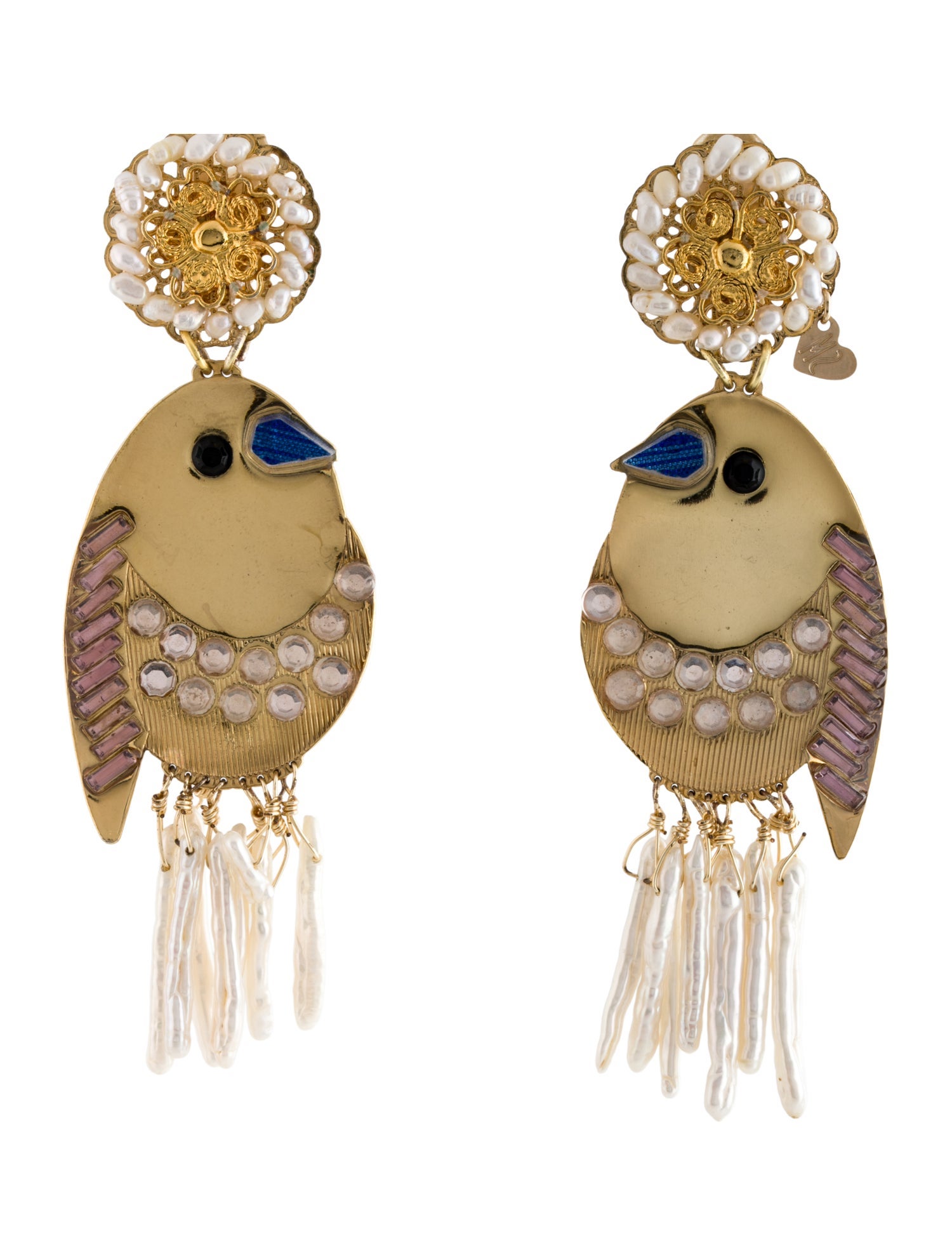 Mercedes Salazar Pearl, Crystal & Glass Bird Clip-On Chandelier Earrings