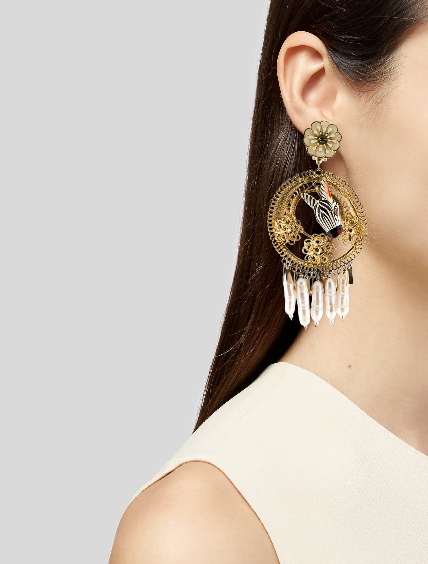 Mercedes Salazar Pearl, Resin & Enamel Zebra Drop Clip-On Earrings