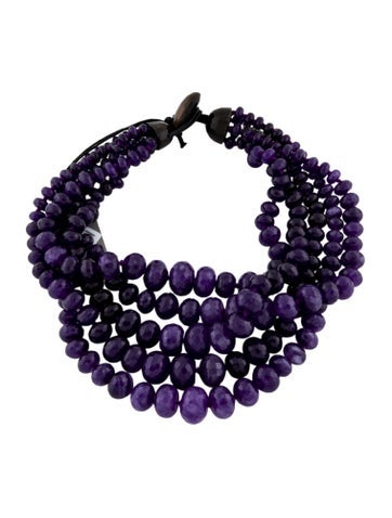 Monies Bead Strand Wood, Leather and Dyed Quartzite Multistrand Necklace