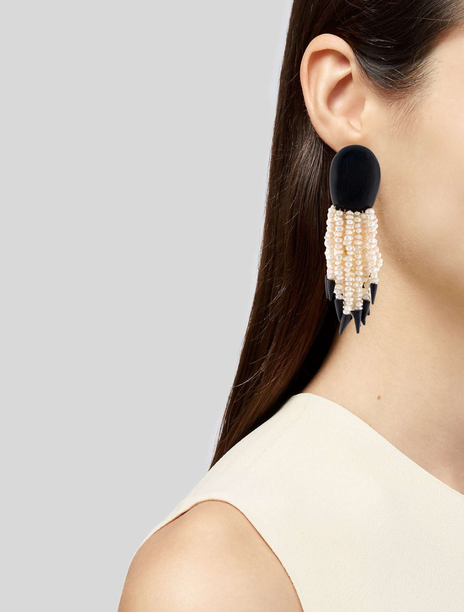 Monies Pearl & Wood Tassel Clip-on Earrings
