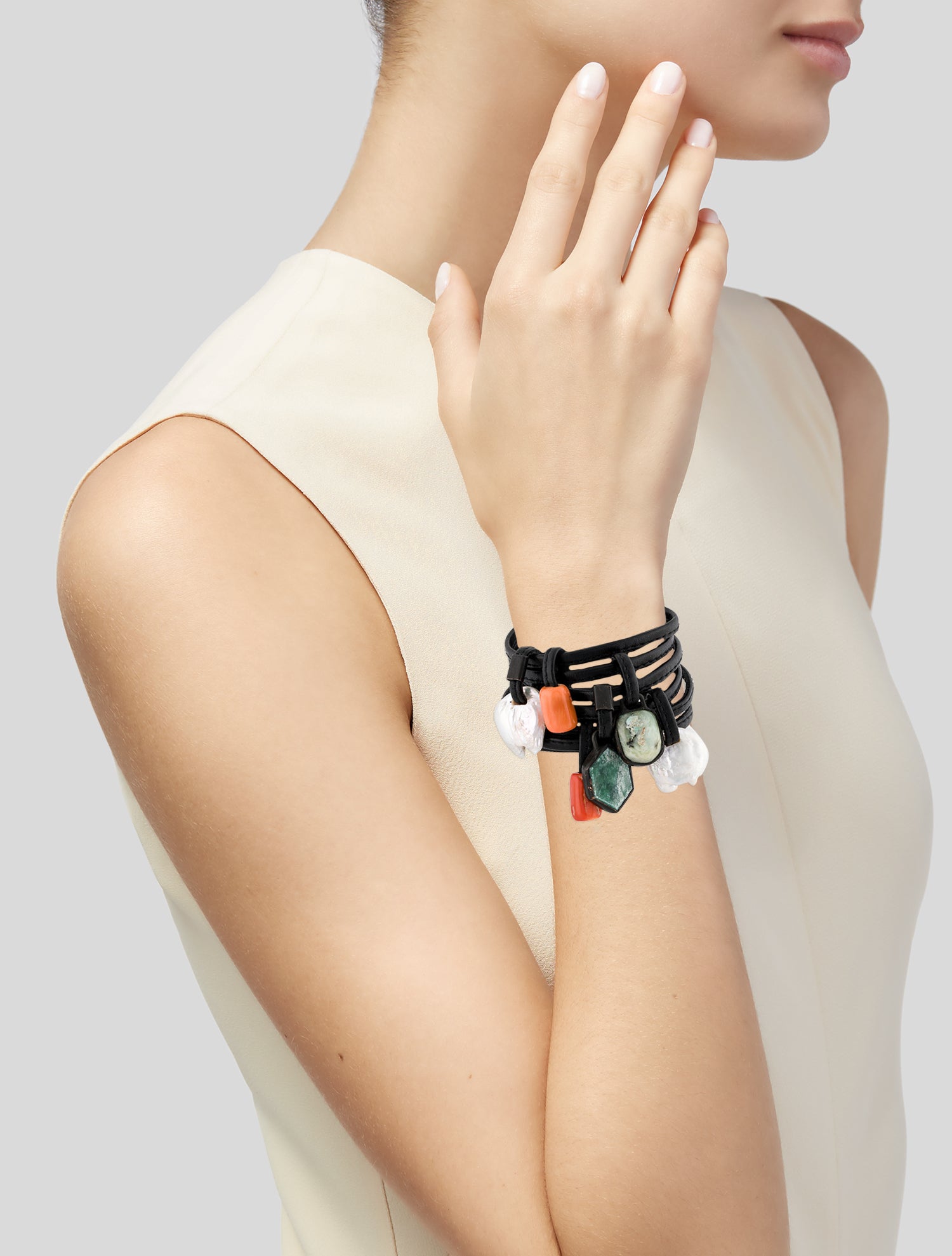 Monies Leather, Wood,Pearl & Multi-Stone Wrap Bracelet