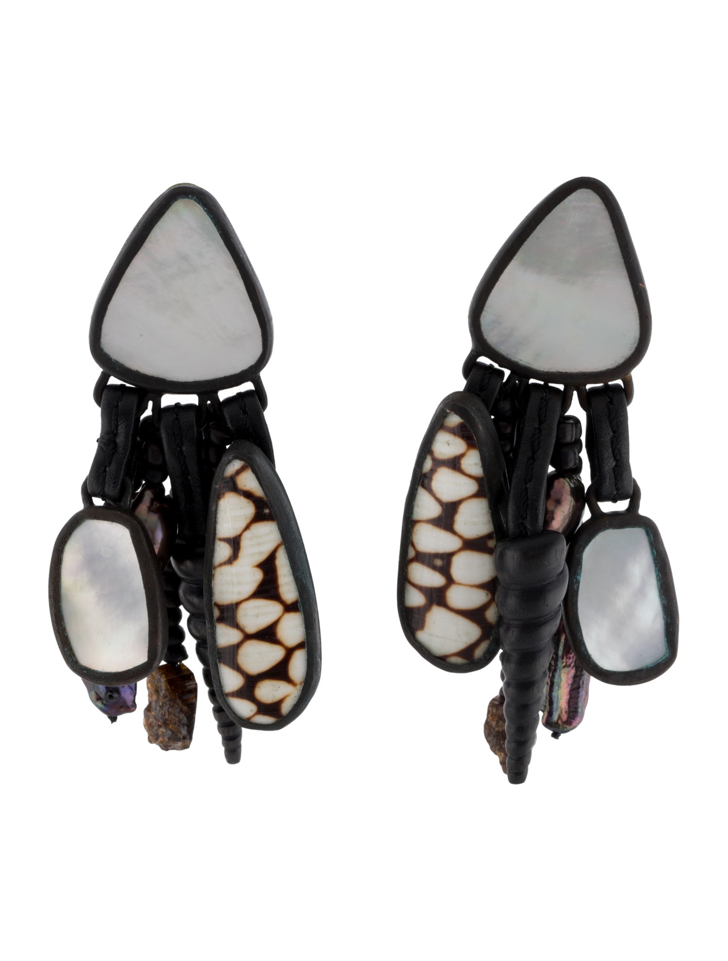 Monies Dyed Pear, Mother of Pearl, Leather, Wood, & Shell Clip-On Drop Earrings