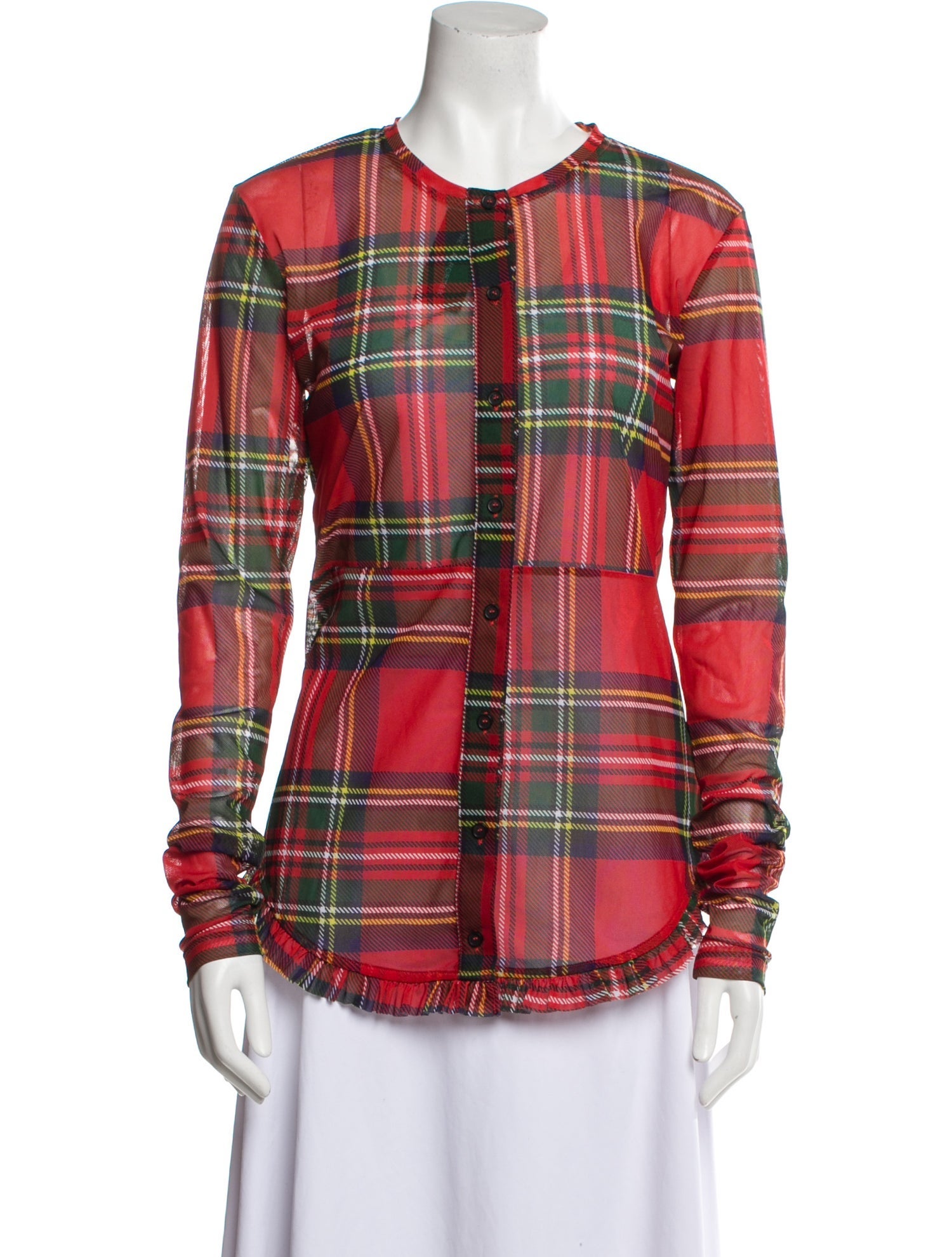 Molly Goddard Plaid Print Crew Neck Button-Up Top w/ Tags