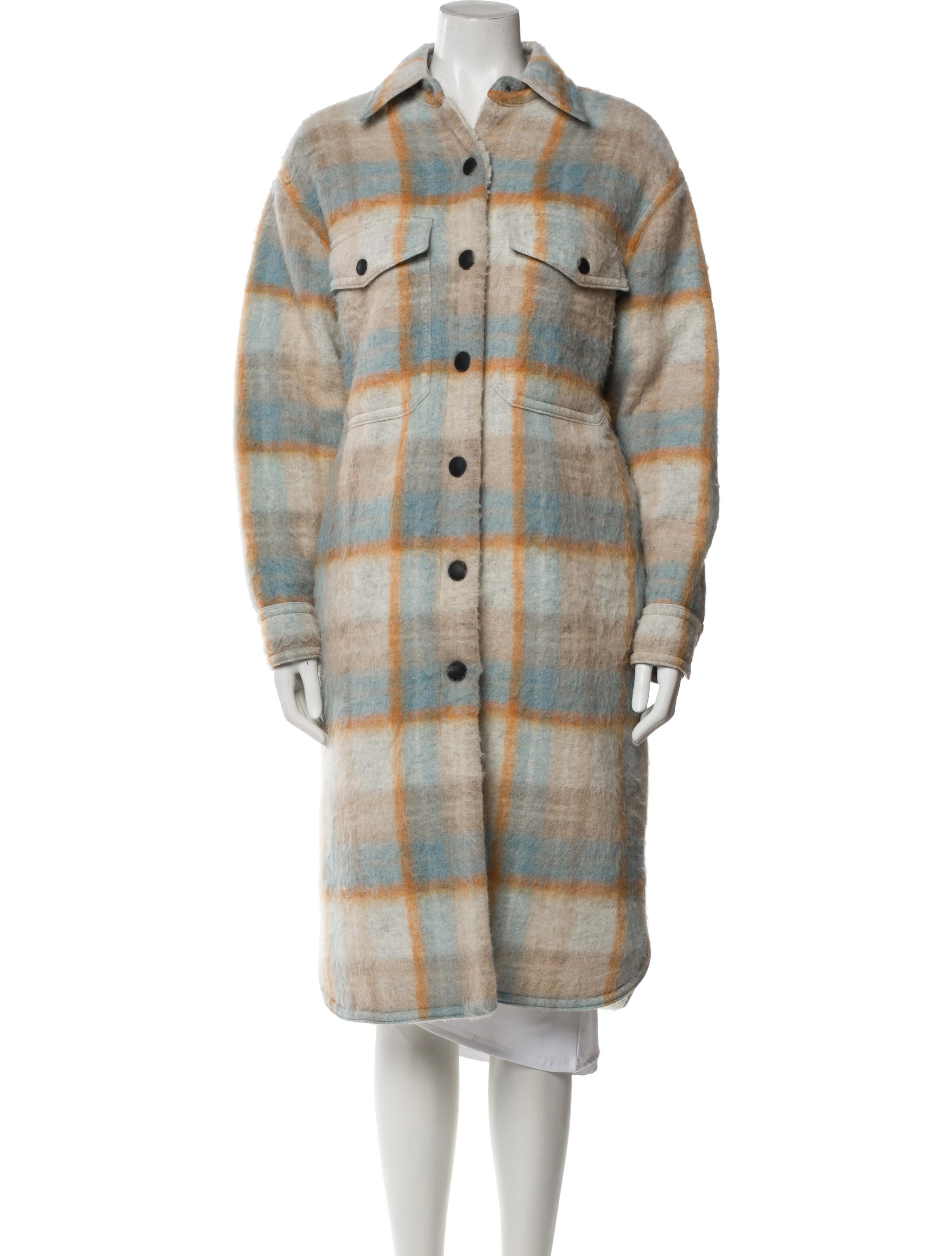 Moncler Grenoble Wool Plaid Print Faux Fur Coat