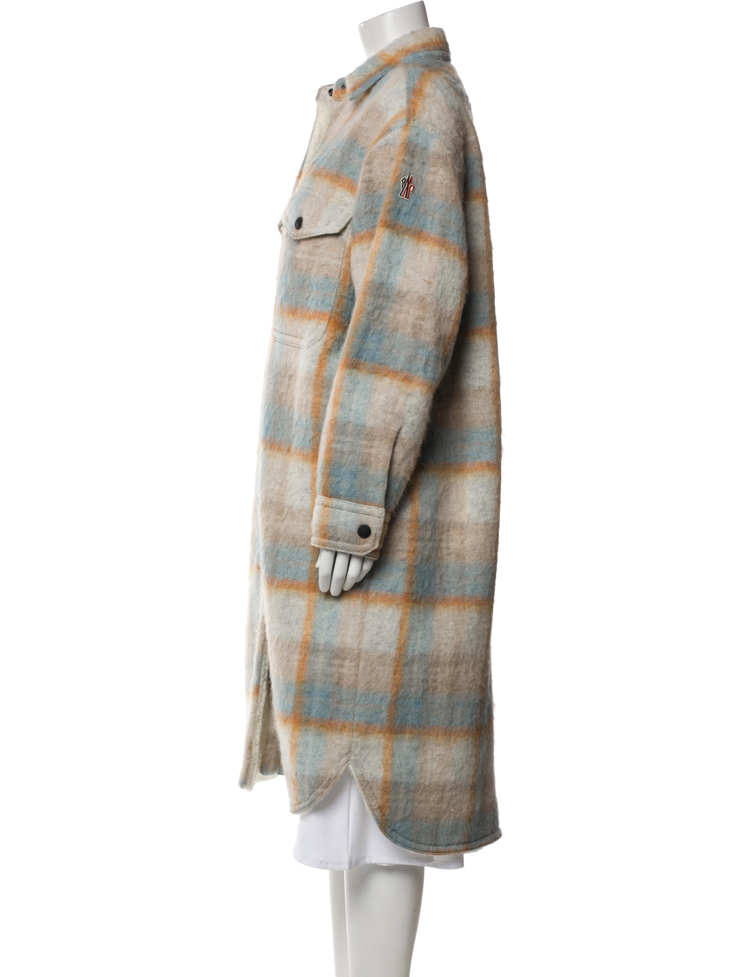 Moncler Grenoble Wool Plaid Print Faux Fur Coat