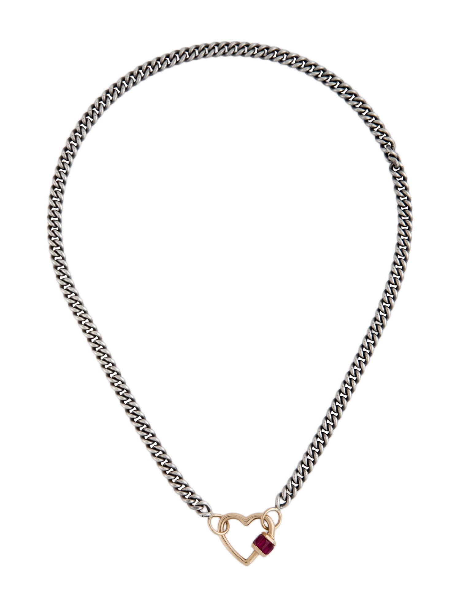 Marla Aaron 14K Ruby Total Baguette Baby Heartlock w/ Two-Tone Heavy Curb Chain Necklace