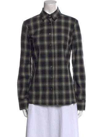 Michael Kors Virgin Wool Plaid Print Button-Up Top