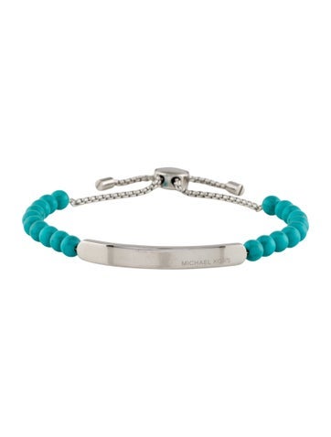 Pre-owned Michael Kors Logo Plaque Slider Bead Bracelet, 8.5" In Blue