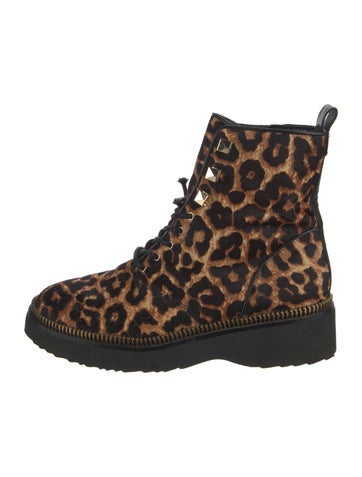 Pre-owned Michael Kors Ponyhair Animal Print Combat Boots In Brown