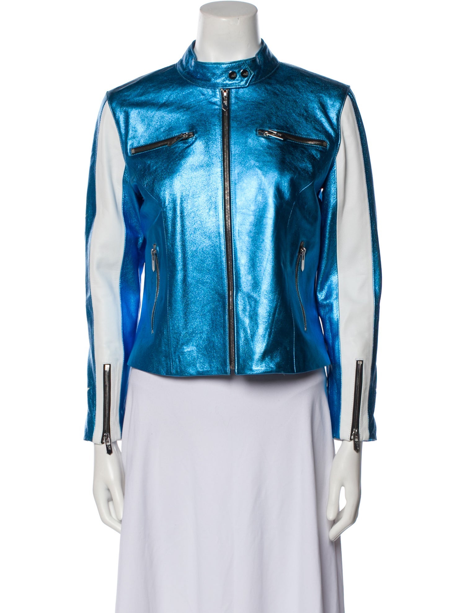 The Mighty Company Lamb Leather Colorblock Pattern Biker Jacket